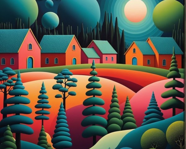 Surreal Landscape with Colorful Houses and Night Sky