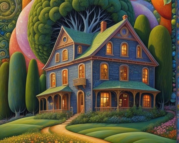 Whimsical Victorian House in a Colorful Landscape