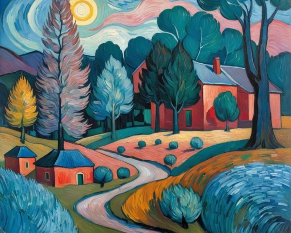 Vibrant Landscape Painting with Swirling Skies and Paths