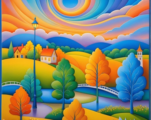 Vibrant Autumn Landscape with Rolling Hills and River