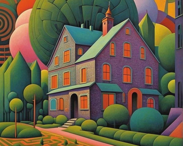 Surreal House Surrounded by Geometric Trees and Patterns