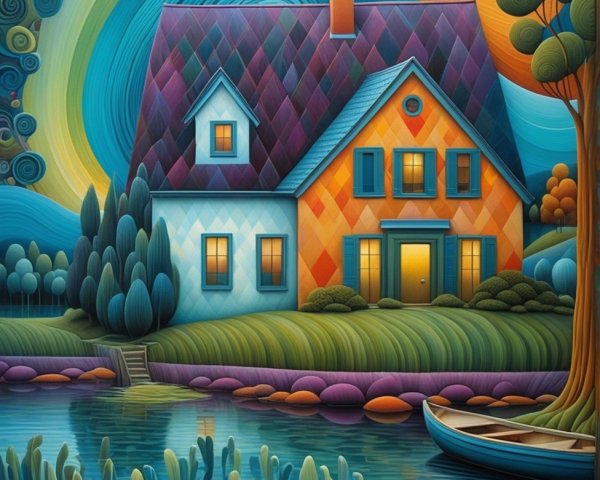 Colorful Whimsical Landscape with Charming House and Water
