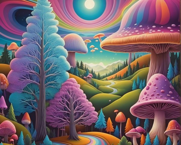 Surreal Landscape with Oversized Colorful Mushrooms