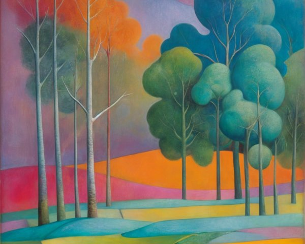 Vibrant Landscape Painting with Stylized Trees and Hills