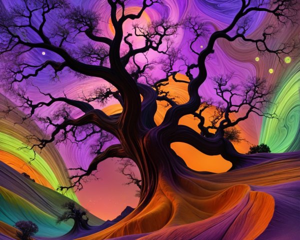 Surreal Landscape with Twisted Black Tree and Colors