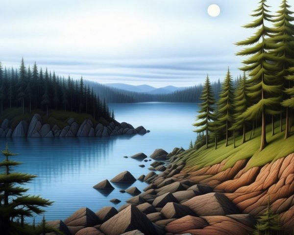 Serene Lakeside Landscape with Evergreen Trees and Mountains