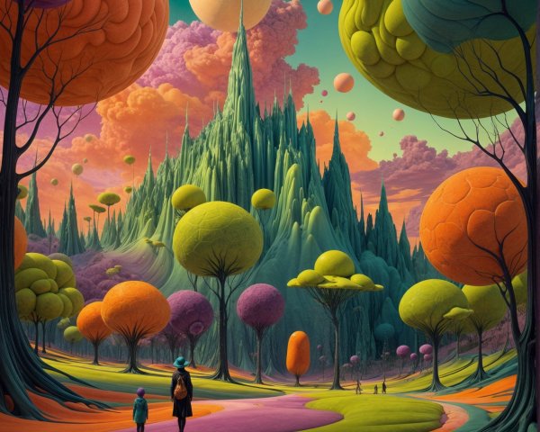 Surreal Landscape with Whimsical Figures and Trees