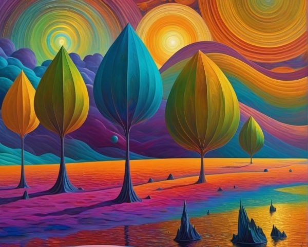 Vibrant Landscape with Whimsical Trees and Colors