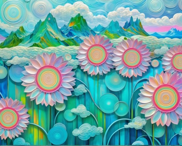 Vibrant Landscape with Mountains and Sunflowers