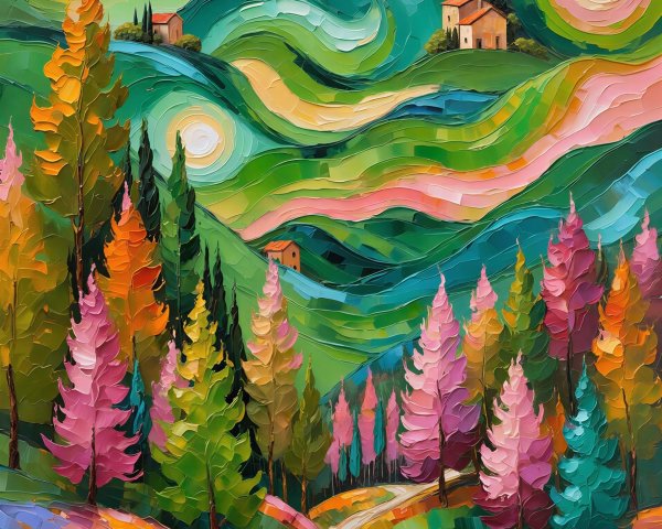 Impressionistic Landscape with Colorful Trees and Hills