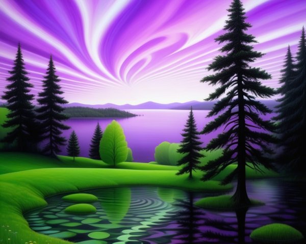Vibrant Purple Sky Over Tranquil Lake Landscape