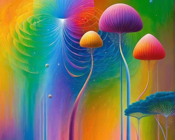 Surreal landscape with glowing mushroom structures