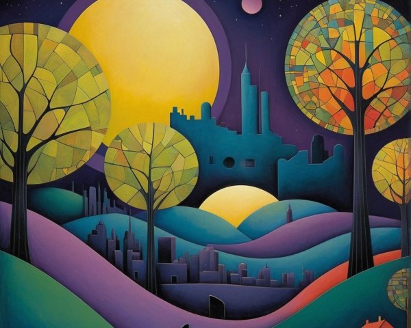 Vibrant Dreamlike Landscape with Urban Elements