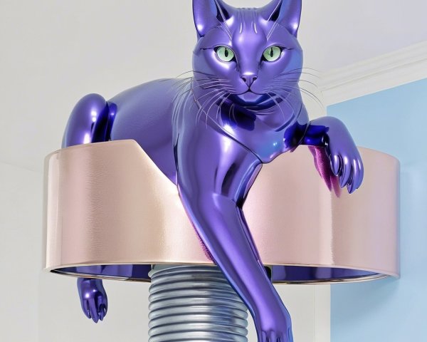 Modern Cat Sculpture with Purple Finish and Green Eyes