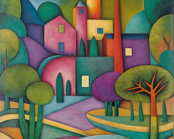 Vibrant Abstract Landscape with Stylized Buildings