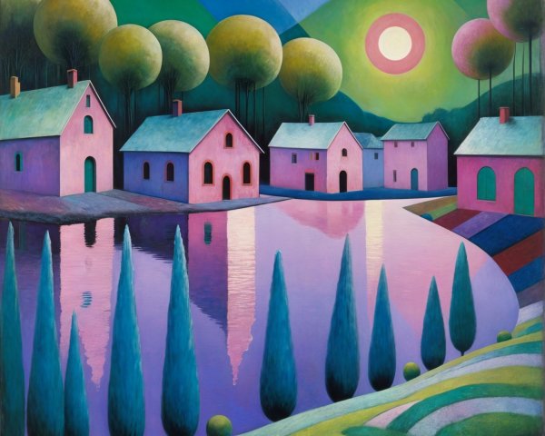 Vibrant Pastel Landscape with Reflective Lake and Trees