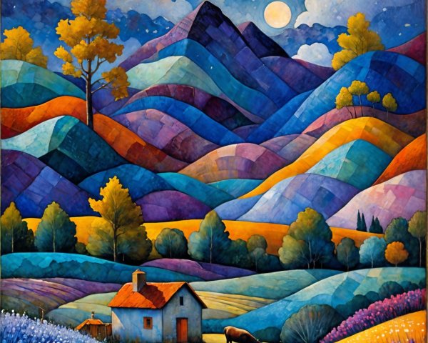 Vibrant Landscape with Rolling Hills and Cottage