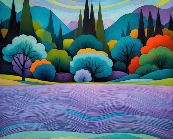 Vibrant Landscape with Rolling Hills and Colorful Trees