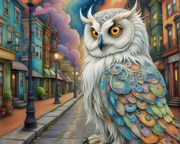 Vibrant Street Scene with Colorful Owl and Night Sky