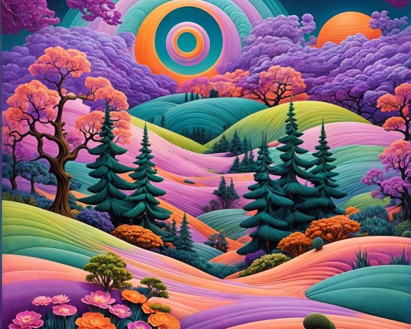 Vibrant Landscape with Rolling Hills and Colorful Sky