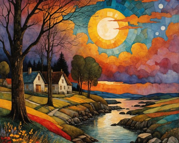 Serene Landscape with White House and Winding River
