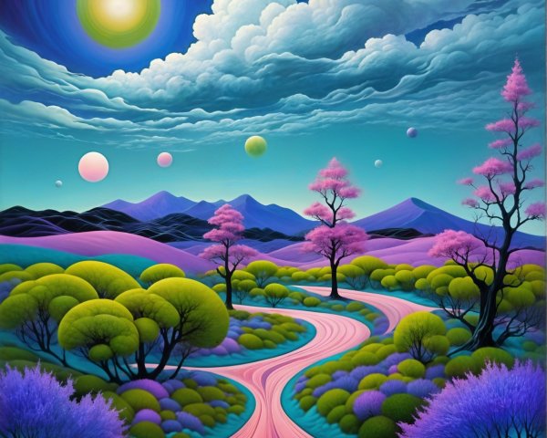 Surreal Landscape with Pink Road and Colorful Hills