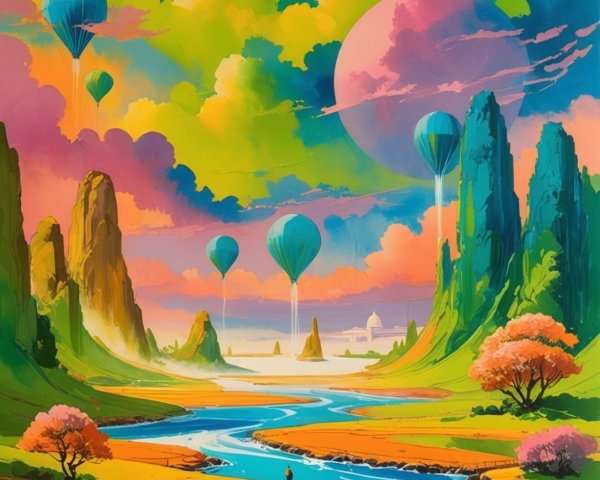 Vibrant Landscape with Rocks, River, and Balloons