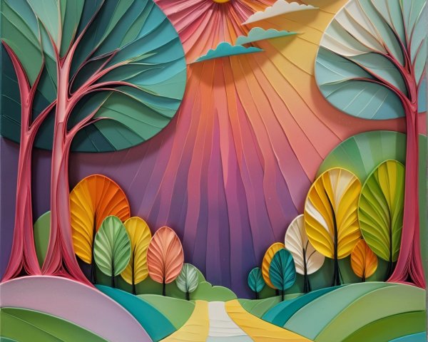 Vibrant Layered Artwork of Whimsical Landscape