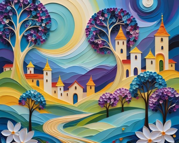 Vibrant Quilling Paper Art of a Colorful Village Landscape