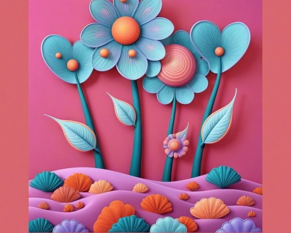 Vibrant 3D flowers in a whimsical garden scene