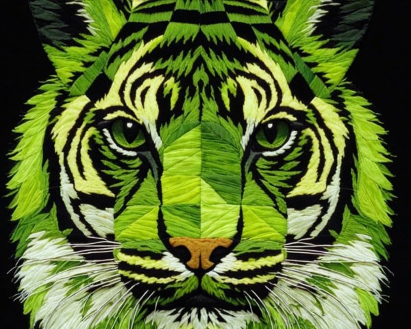 Quilt Design of a Tiger's Face in Green Shades