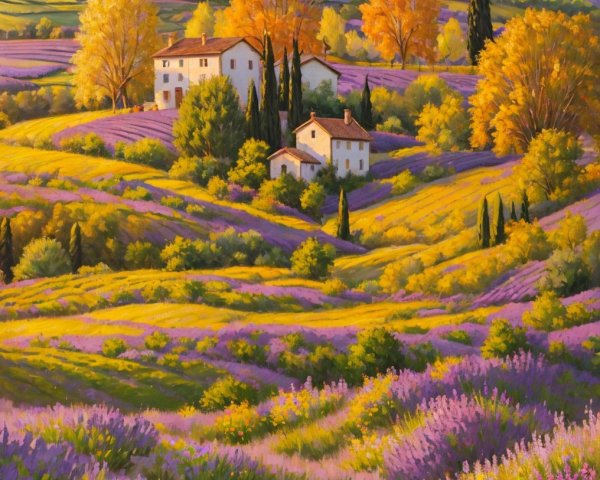 Vibrant Lavender Fields in Golden Light Landscape