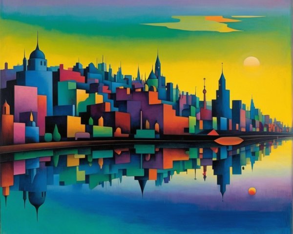 Vibrant Cityscape at Dusk with Colorful Reflections