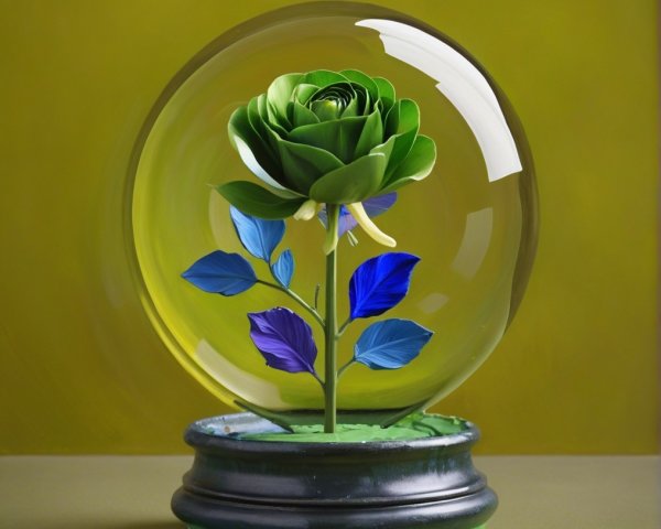 Vibrant Green Rose in Glass Dome with Blue Leaves