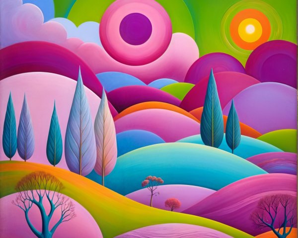Surreal Vibrant Landscape with Colorful Hills and Sky