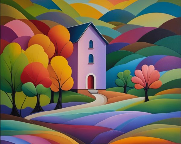 Whimsical Landscape with Vibrant Colors and Purple House