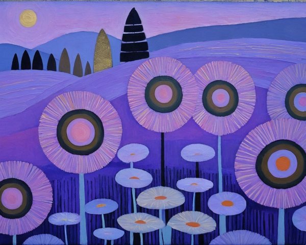 Vibrant Landscape with Stylized Flowers and Hills