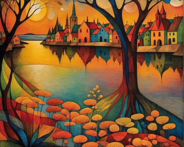 Vibrant Autumn Landscape with Tranquil Lake and Town