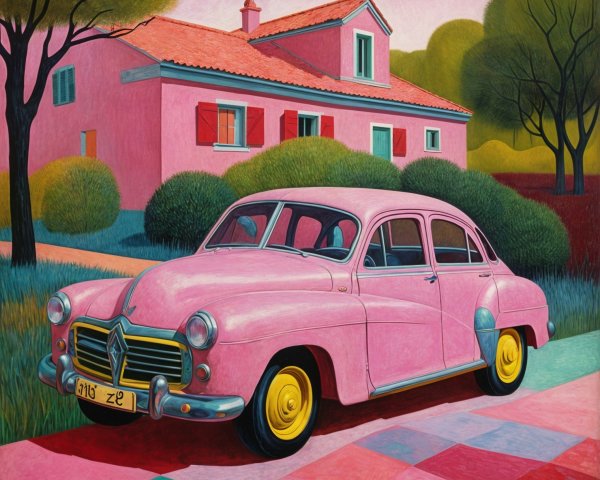 Vintage Pink Car by Quaint House with Red Roof
