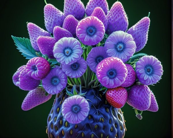 Vibrant Purple Strawberries and Flowers in Vase