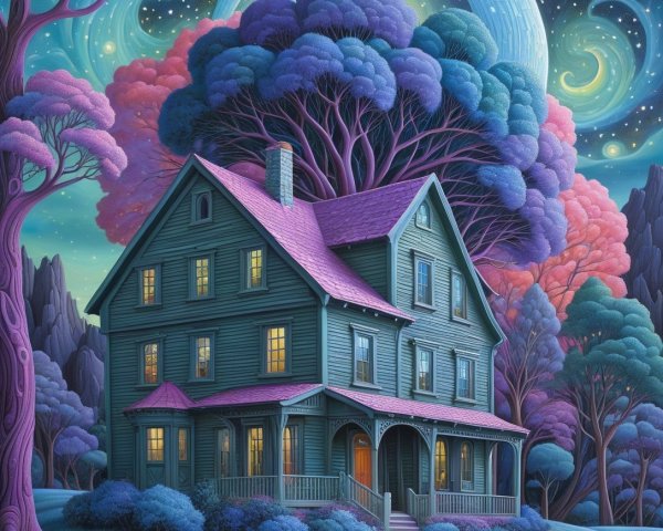 Whimsical House in a Surreal Vibrant Landscape