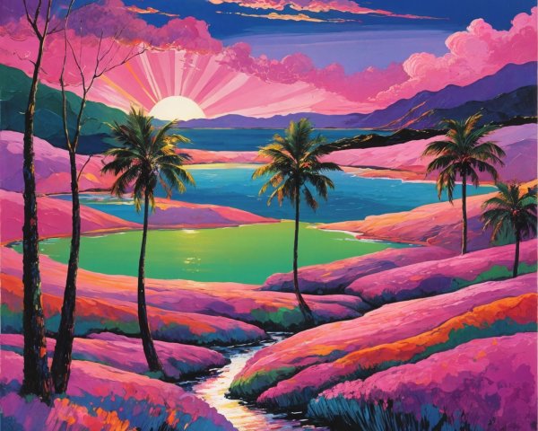 Vibrant Sunset Landscape with Lakes and Flowers