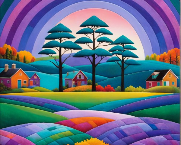 Vibrant Landscape with Colorful Hills and Trees