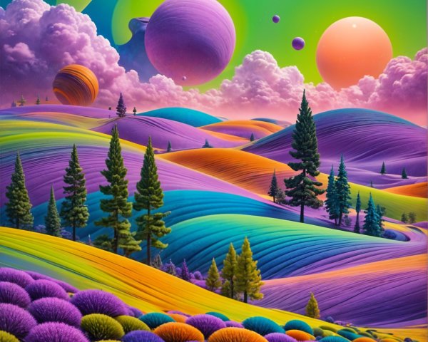 Vibrant Surreal Landscape with Colorful Celestial Bodies