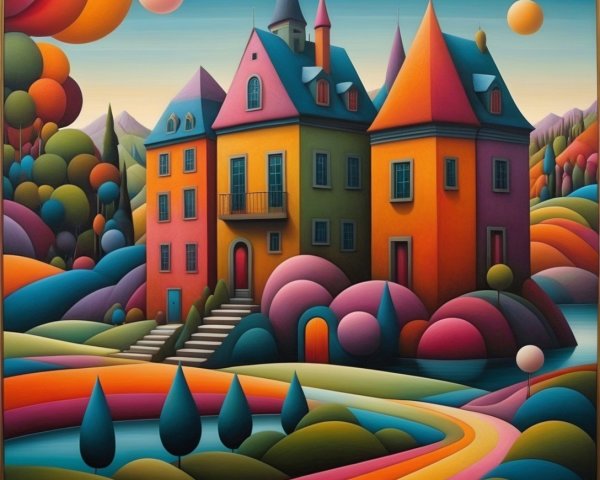 Colorful landscape with whimsical houses and glowing sky