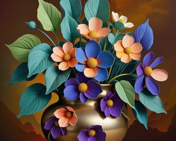 Vibrant Flower Bouquet in Golden Vase with Green Leaves