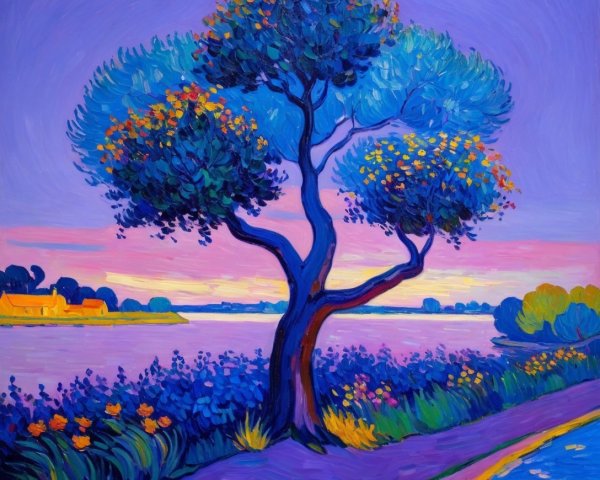 Vibrant Landscape Painting with Stylized Tree and Sunset
