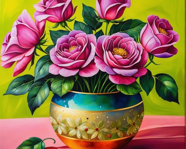 Vibrant Still Life of Pink Roses in Colorful Vase
