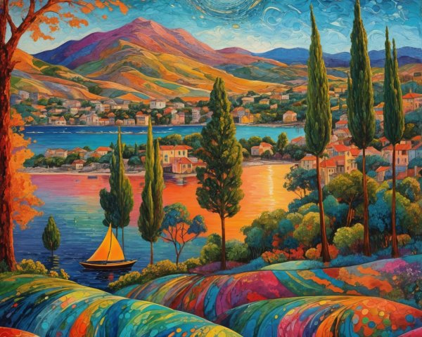 Vibrant Landscape with Sunset Over Serene Lake