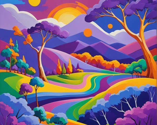 Vibrant Abstract Landscape with Colorful Hills and Sky
